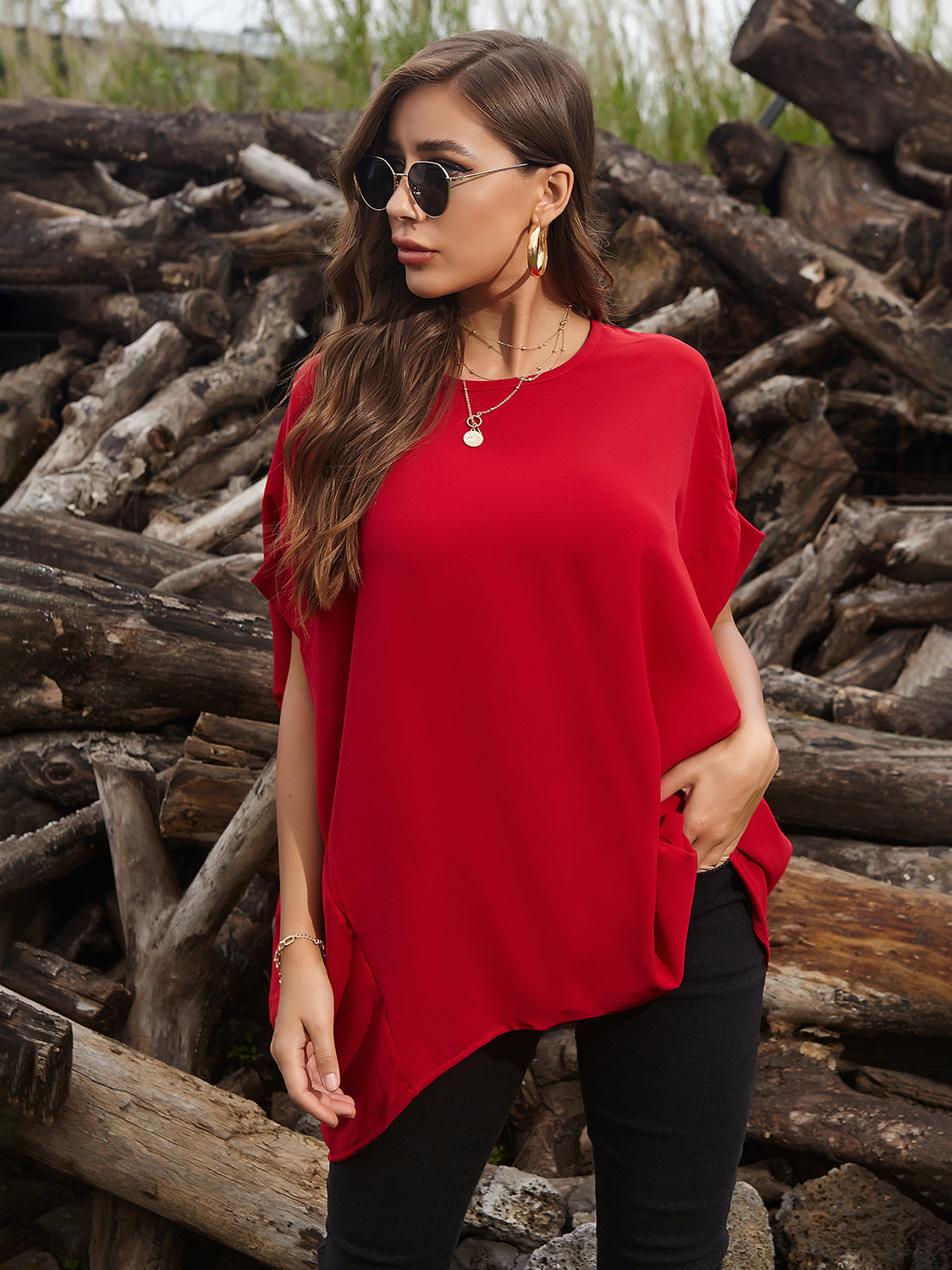 Perfee Round Neck Short Sleeve T-Shirt T-Shirt Trendsi Scarlet One Size 