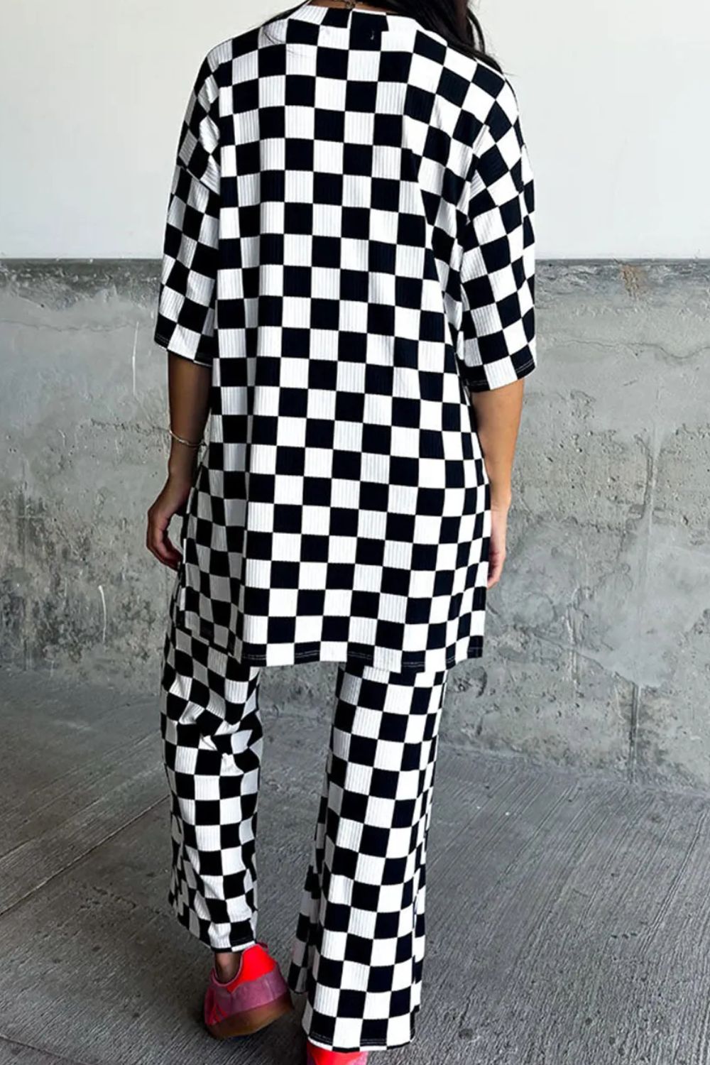 Checkered Round Neck Half Sleeve Top and Pants Set  Trendsi   