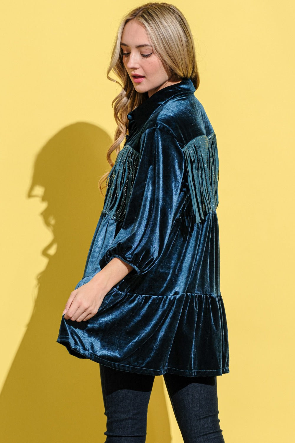 And The Why Fringe Detailed Velvet Shirt Dress Luxe Trendsi   