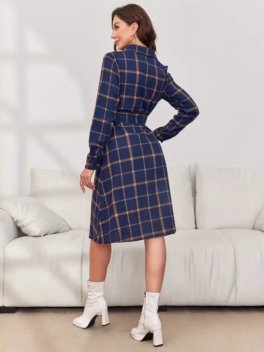 Plaid Tie Waist Long Sleeve Dress  Trendsi   