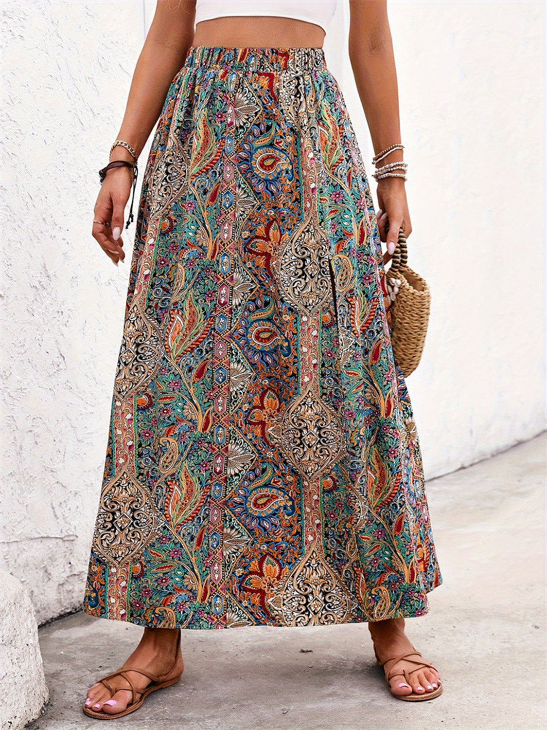 Slit Printed Elastic Waist Skirt  Trendsi   