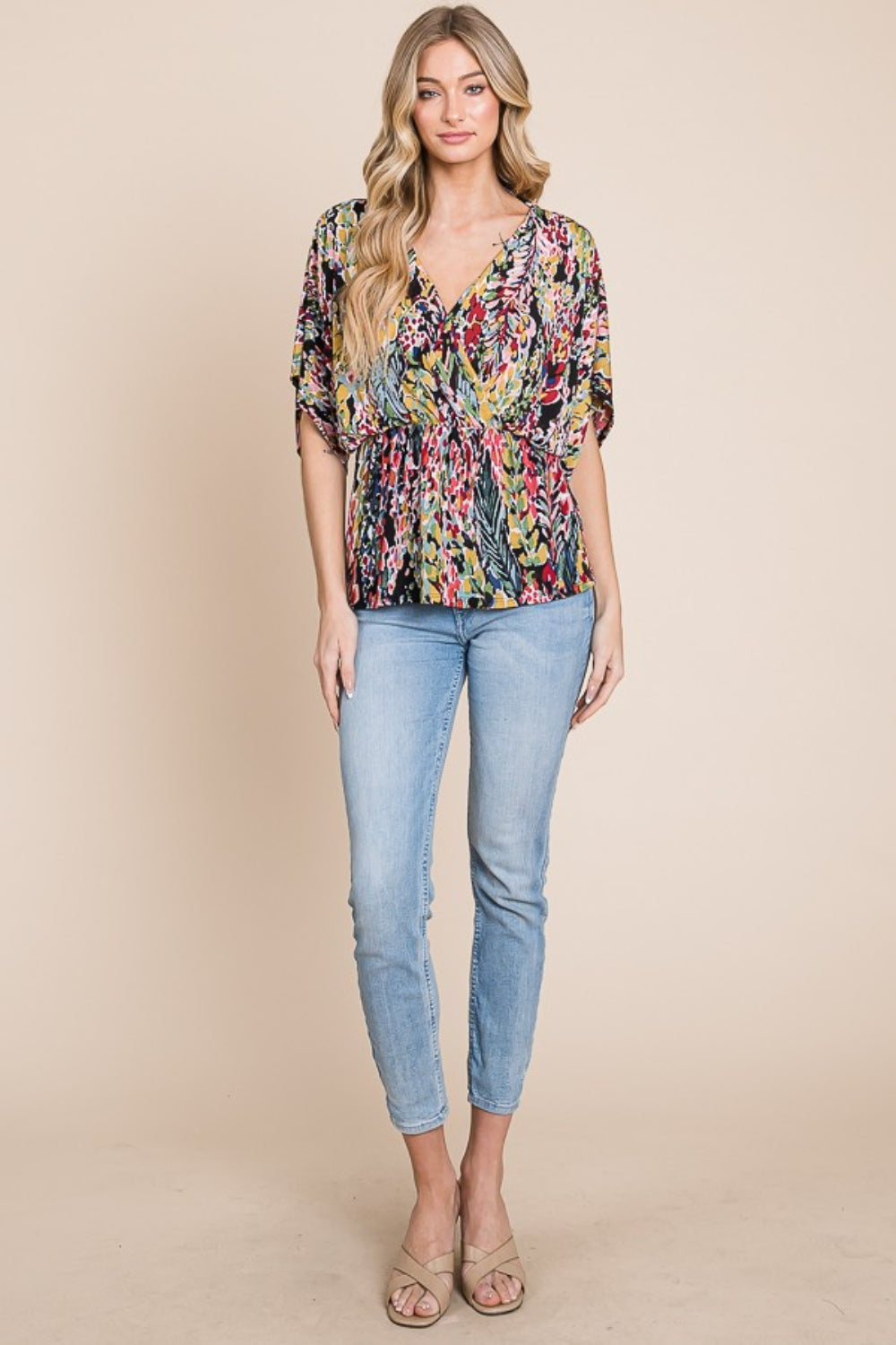 BOMBOM Printed Surplice Peplum Blouse  Trendsi   