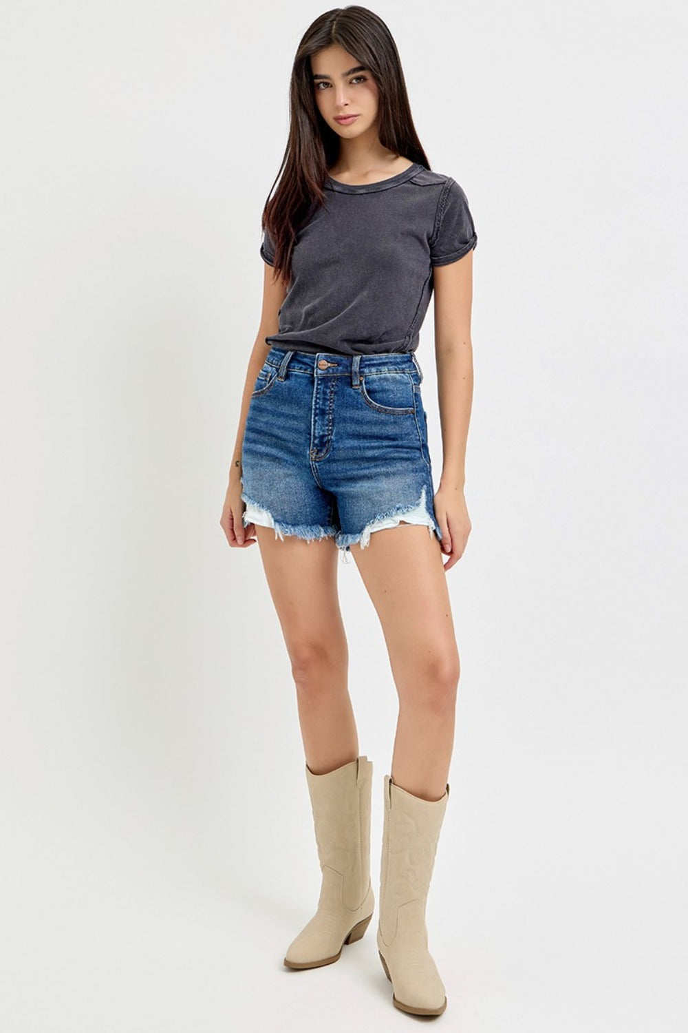 RISEN High Rise Side Step Hem Denim Shorts  Trendsi   