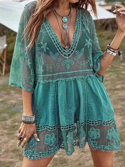 Lace Detail Plunge Cover-Up Dress  Trendsi Teal One Size 