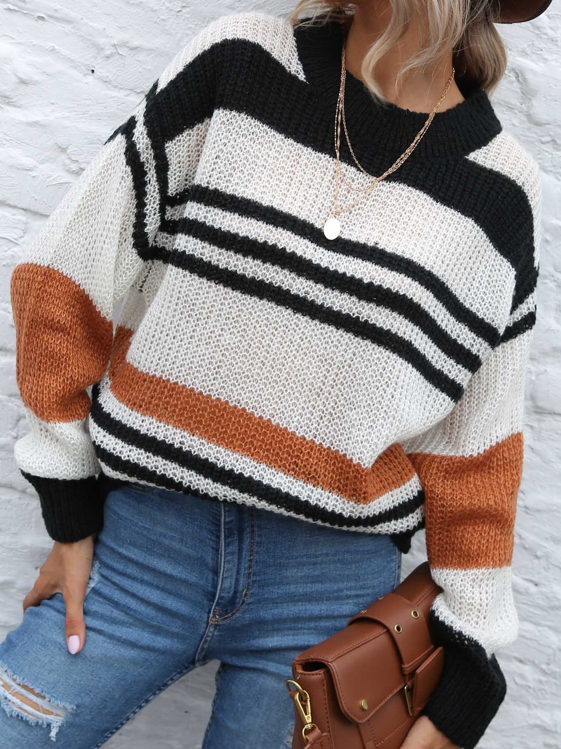 Contrast Striped Round Neck Long Sleeve Sweater  Trendsi   