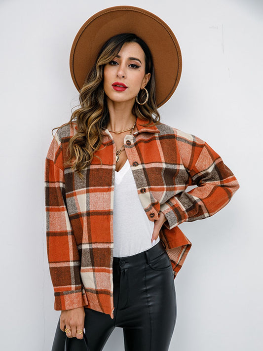 Shiny Plaid Button Up Collared Neck Jacket