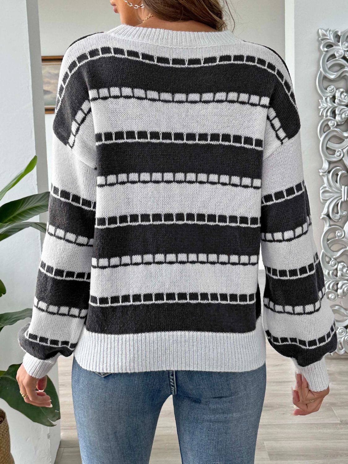 Striped Round Neck Long Sleeve Sweater  Trendsi   