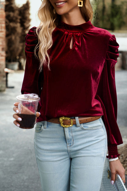 Tie Up Mock Neck Velvet Fabric Long Sleeve Blouse Blouse Trendsi   