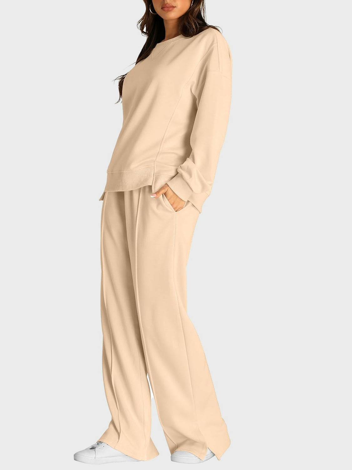 Round Neck Long Sleeve Top and Slit Pants Set  Trendsi   