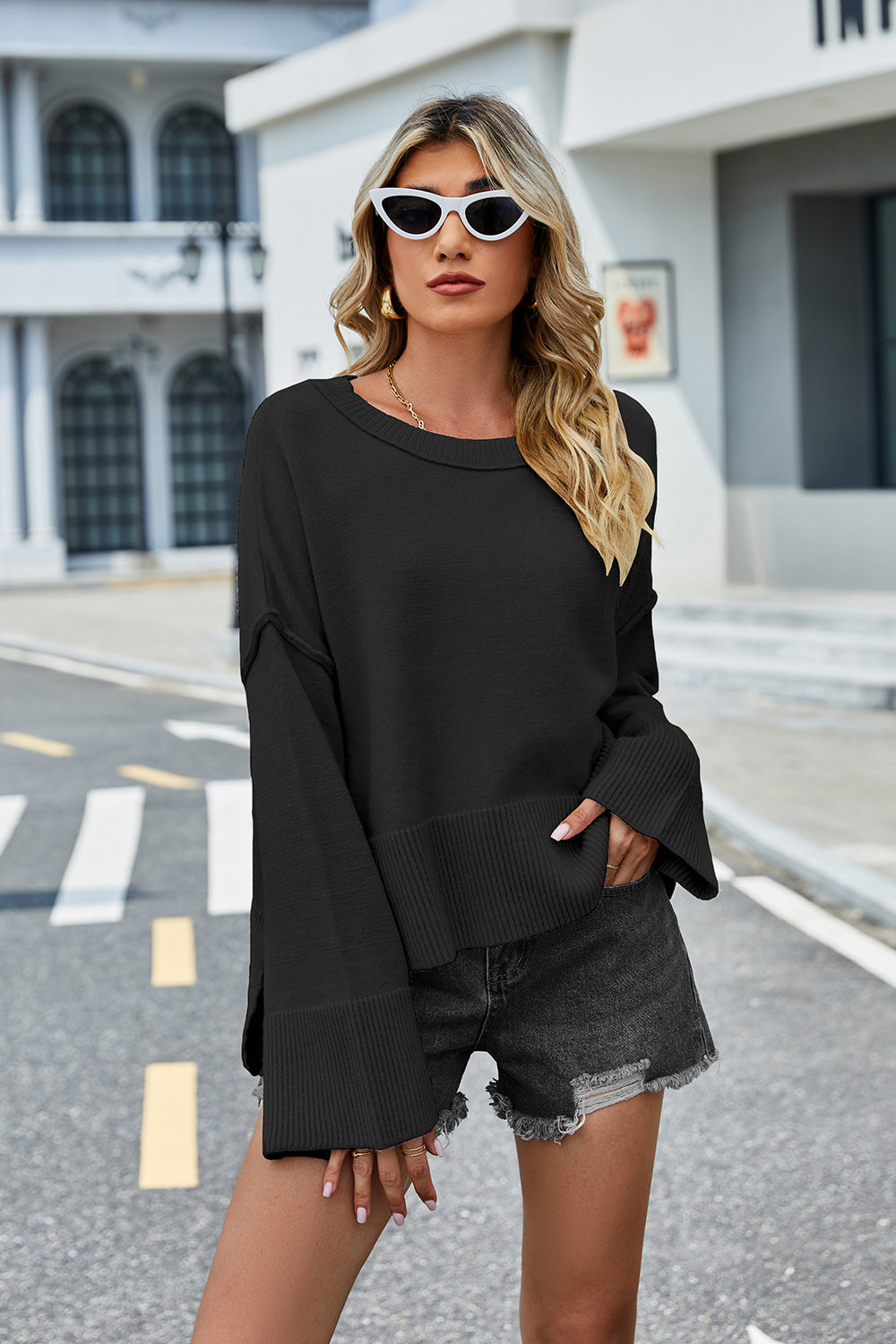 High-Low Slit Round Neck Long Sleeve Sweater  Trendsi   