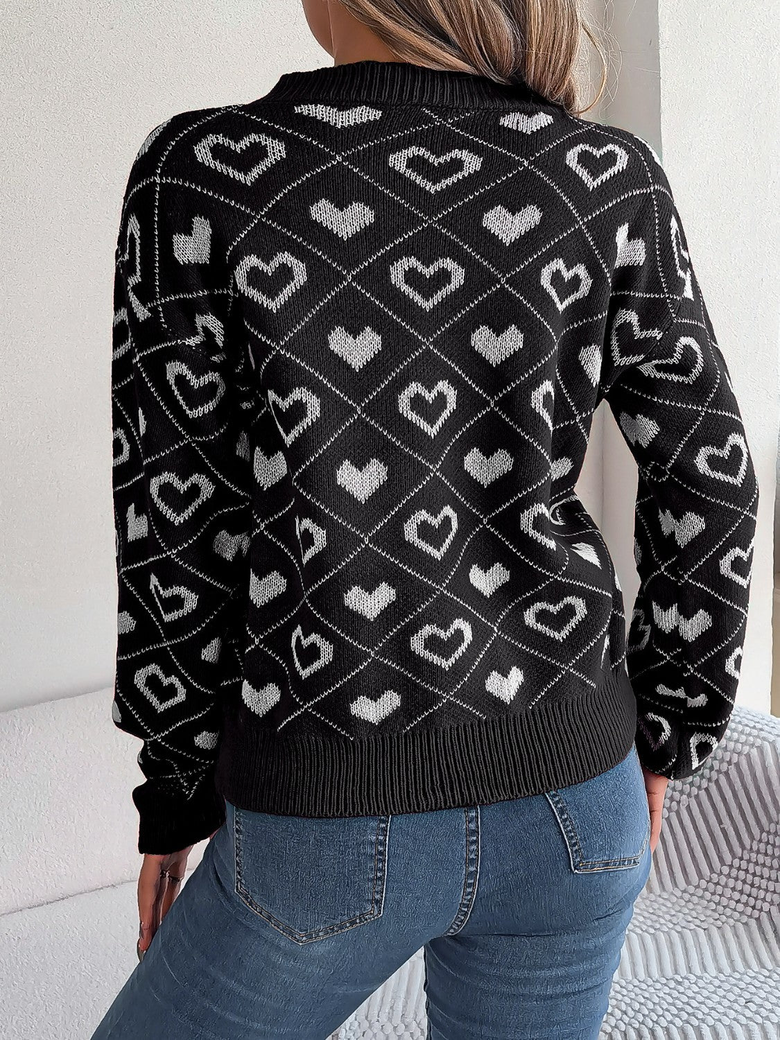 Heart Pattern V-Neck Long Sleeve Sweater  Trendsi   