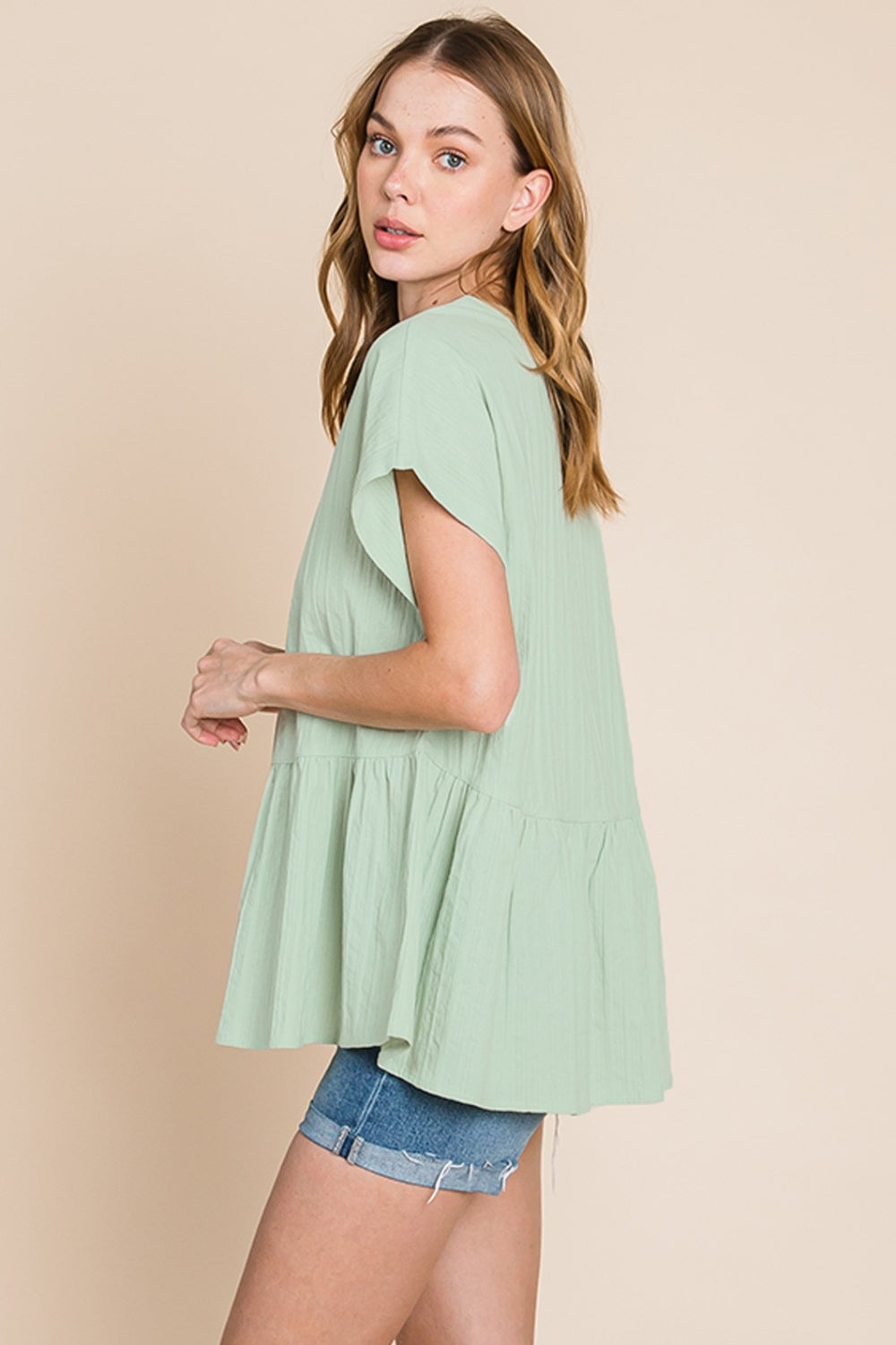 Cotton Bleu by Nu Lab Ruched Notched Short Sleeve Blouse  Trendsi   