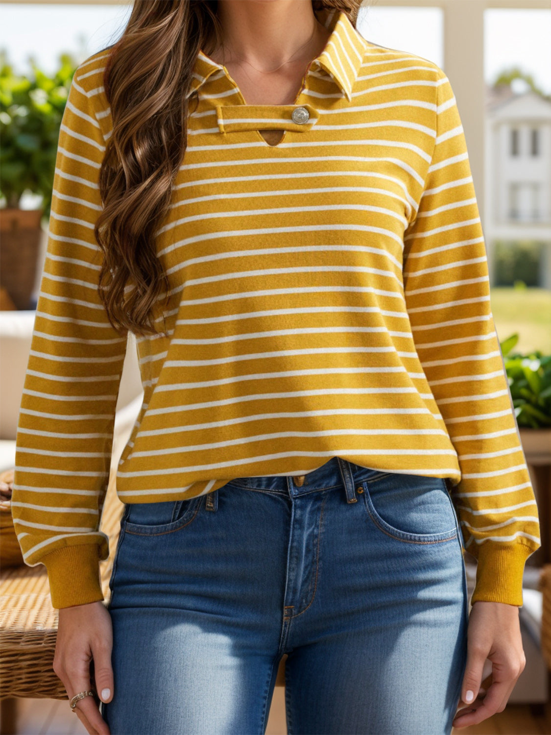 Striped Johnny Collar Long Sleeve T-Shirt  Trendsi Yellow S 