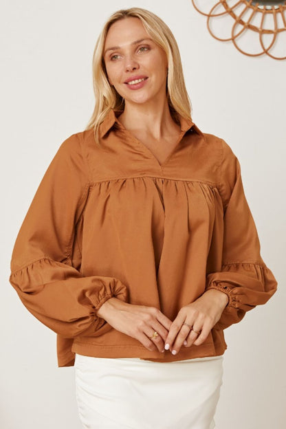 Balloon Sleeve Collared Neck Blouse Blouse Trendsi   