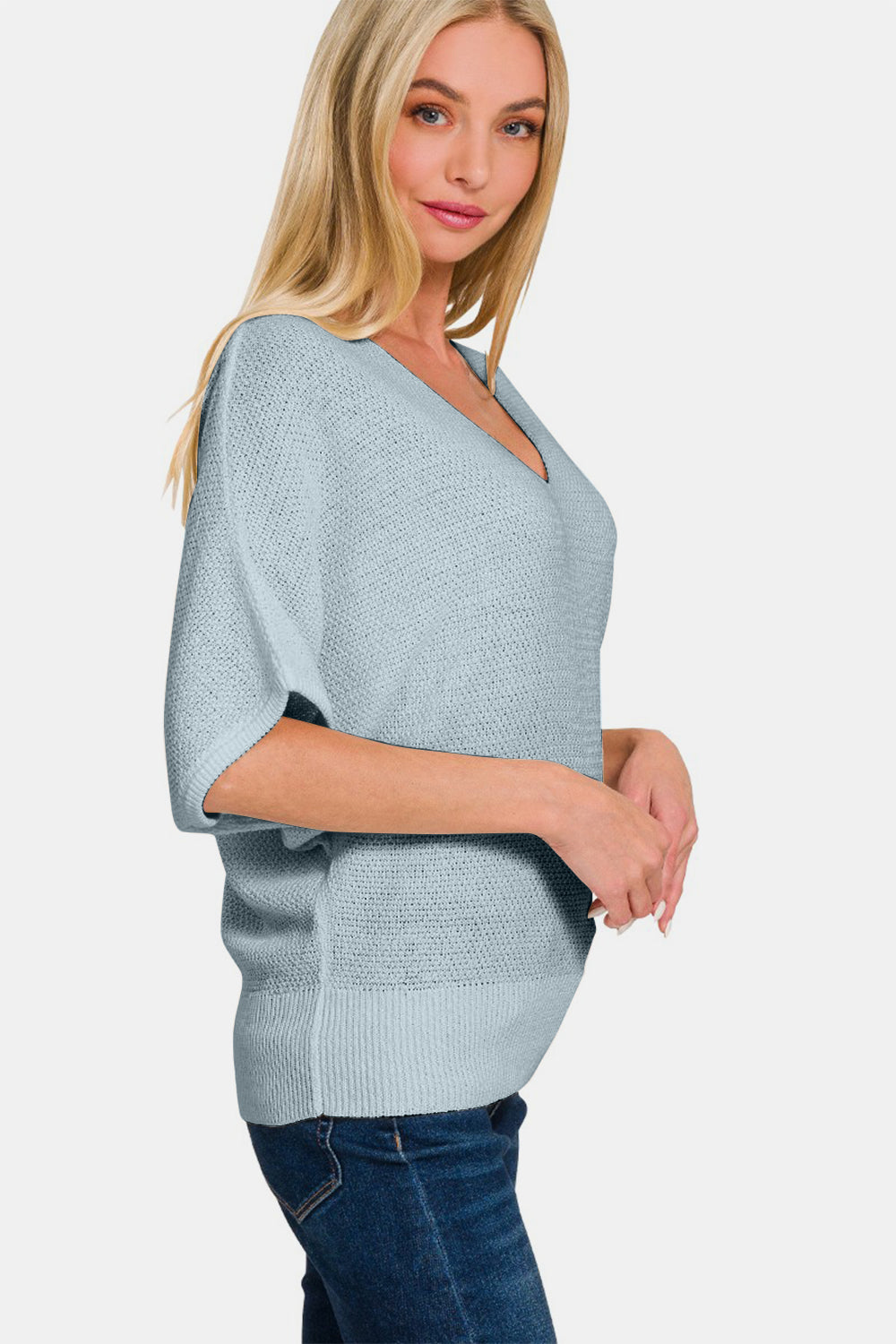 Zenana V-Neck Short Sleeve Dolman Sweater  Trendsi   