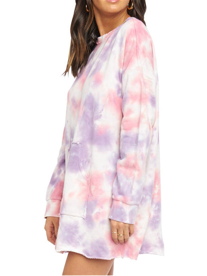 Pocketed Tie-Dye Round Neck Long Sleeve Dress Dress Trendsi   