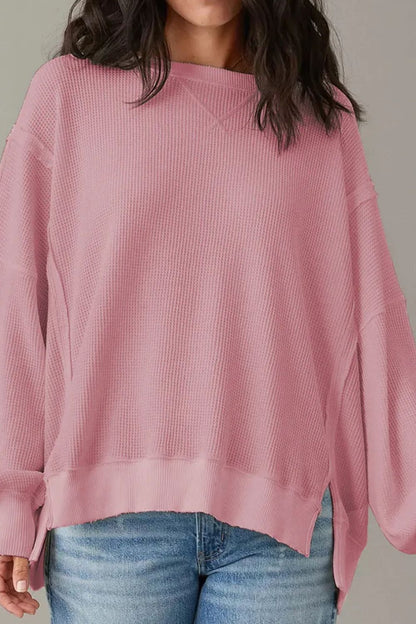 Slit Waffle-Knit Round Neck Long Sleeve Top Blouse Trendsi Dusty Pink S 