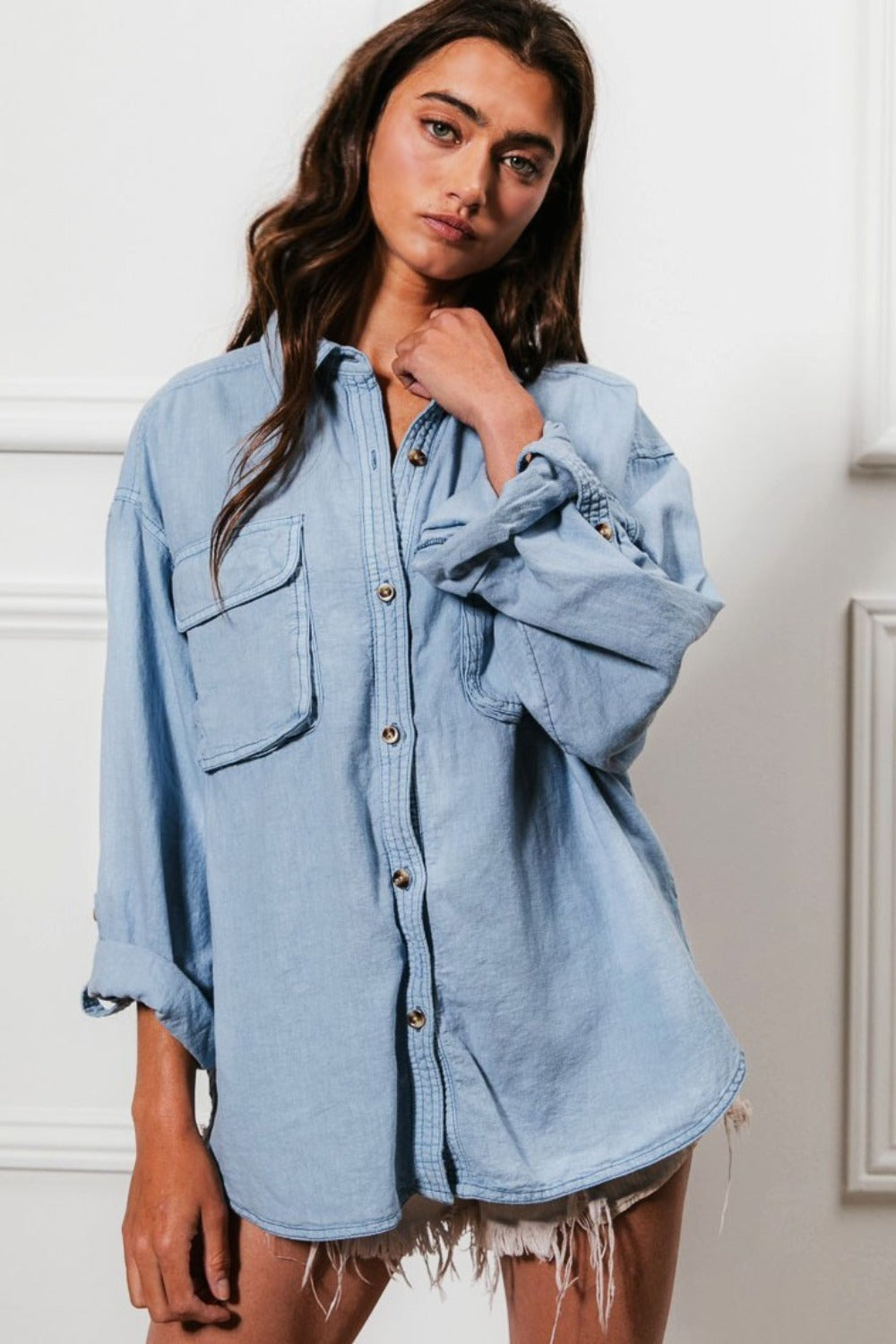 BiBi Button Down Stitch Detail Shirt with Chest Pockets Luxe Trendsi   