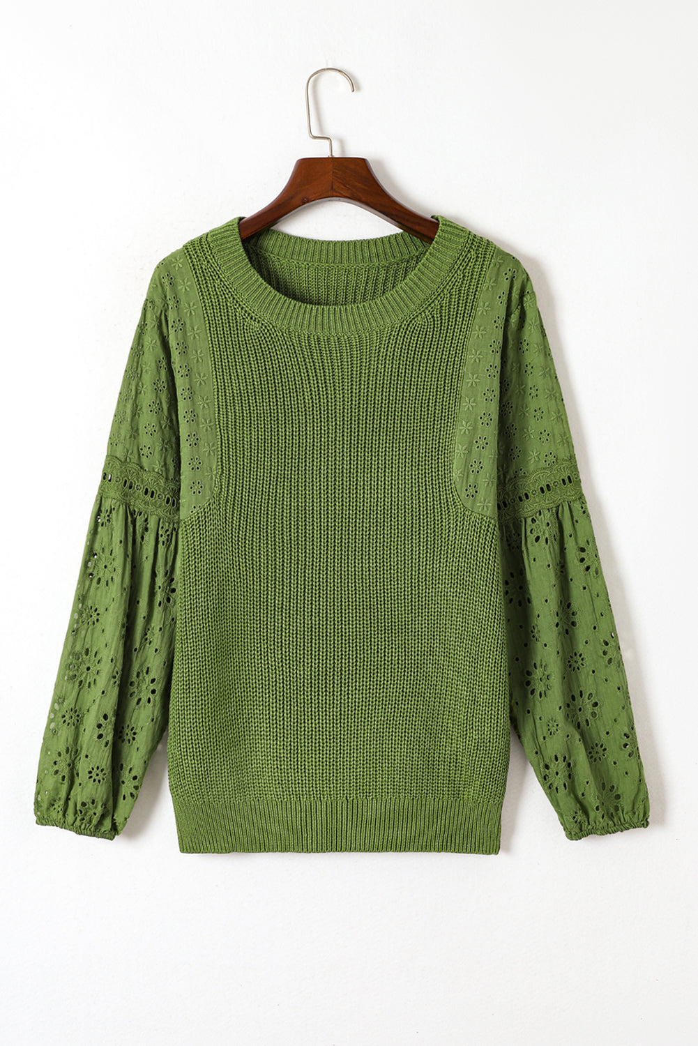 Eyelet Round Neck Drop Shoulder Sweater