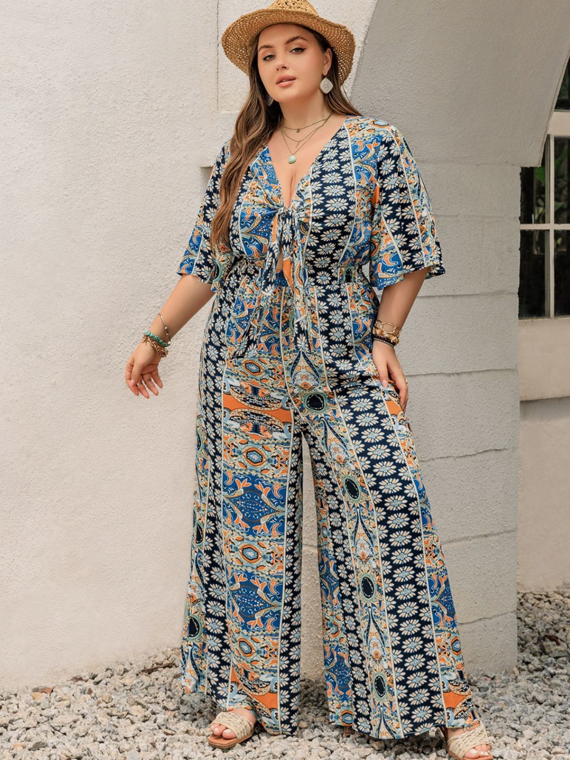 Plus Size Printed Half Sleeve Wide Leg Jumpsuit  Trendsi   