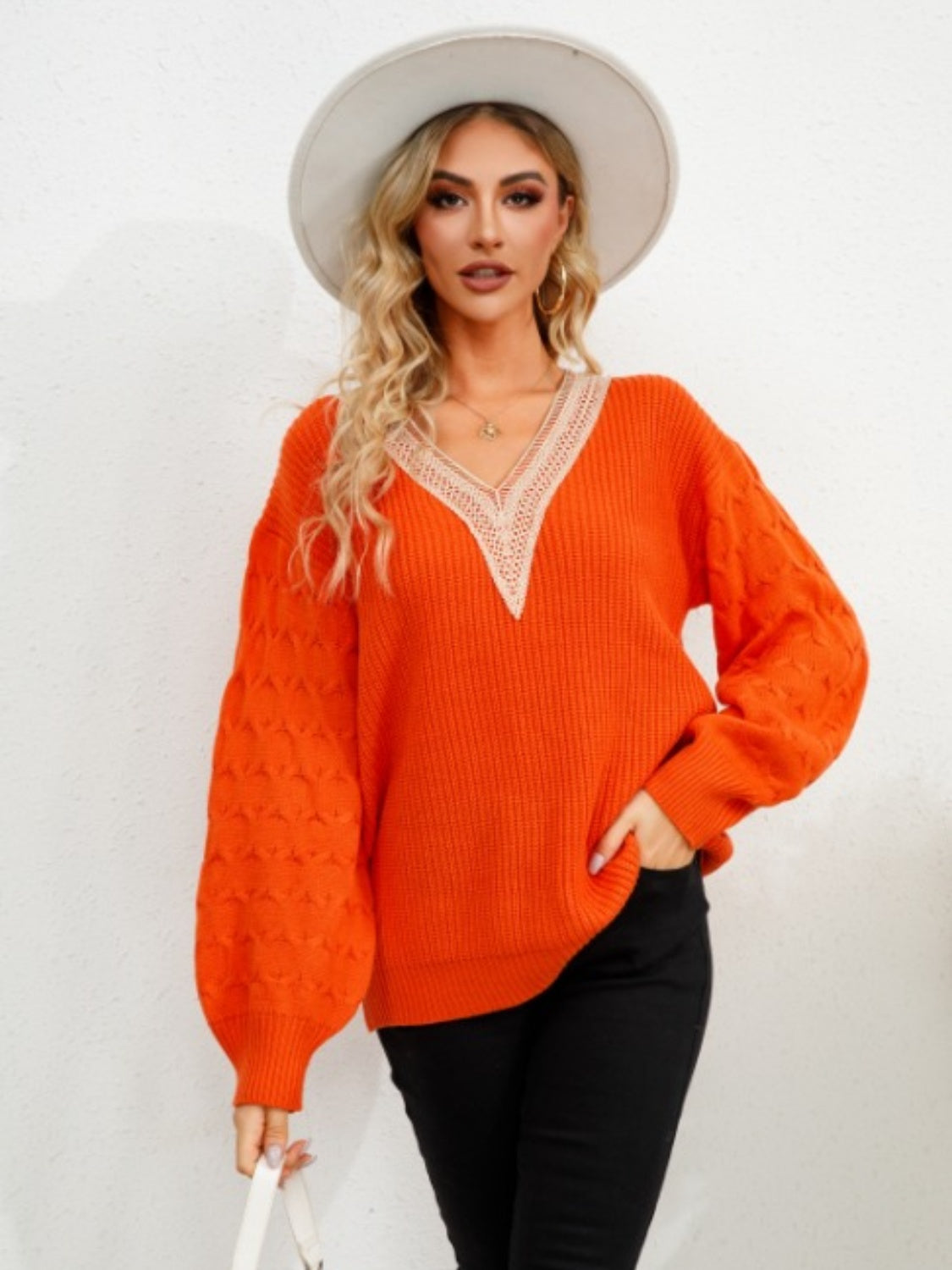 V-Neck Dropped Shoulder Long Sleeve Sweater  Trendsi   