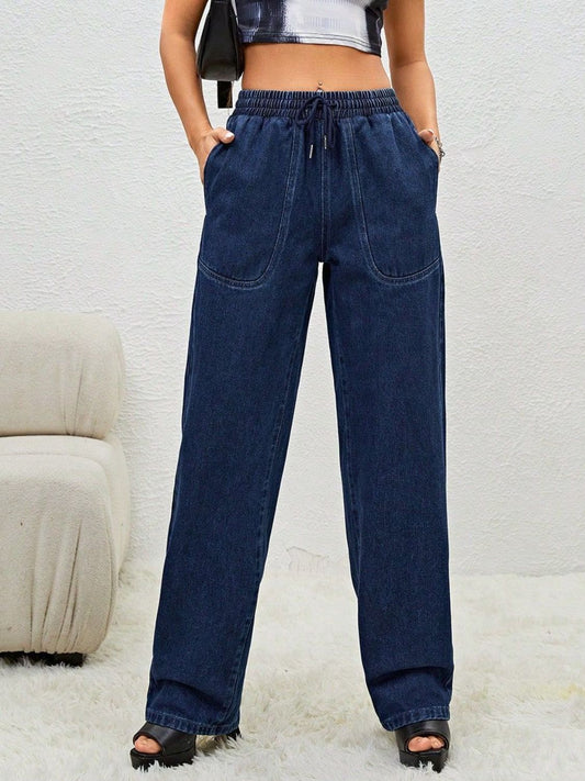 Drawstring Elastic Waist Jeans with Pockets  Trendsi Dark XS 