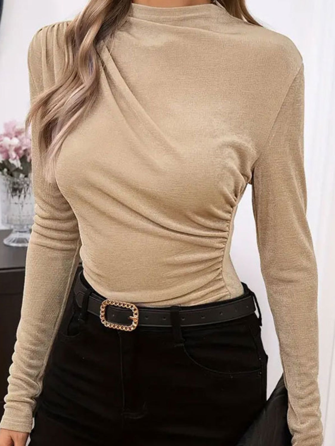 Ruched Mock Neck Long Sleeve T-Shirt T-Shirt Trendsi   