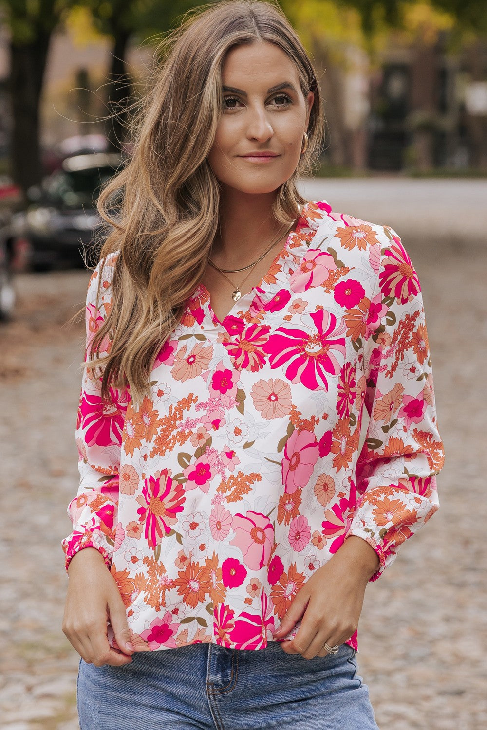 Floral V-Neck Frill Long Sleeve Blouse Blouse Trendsi   