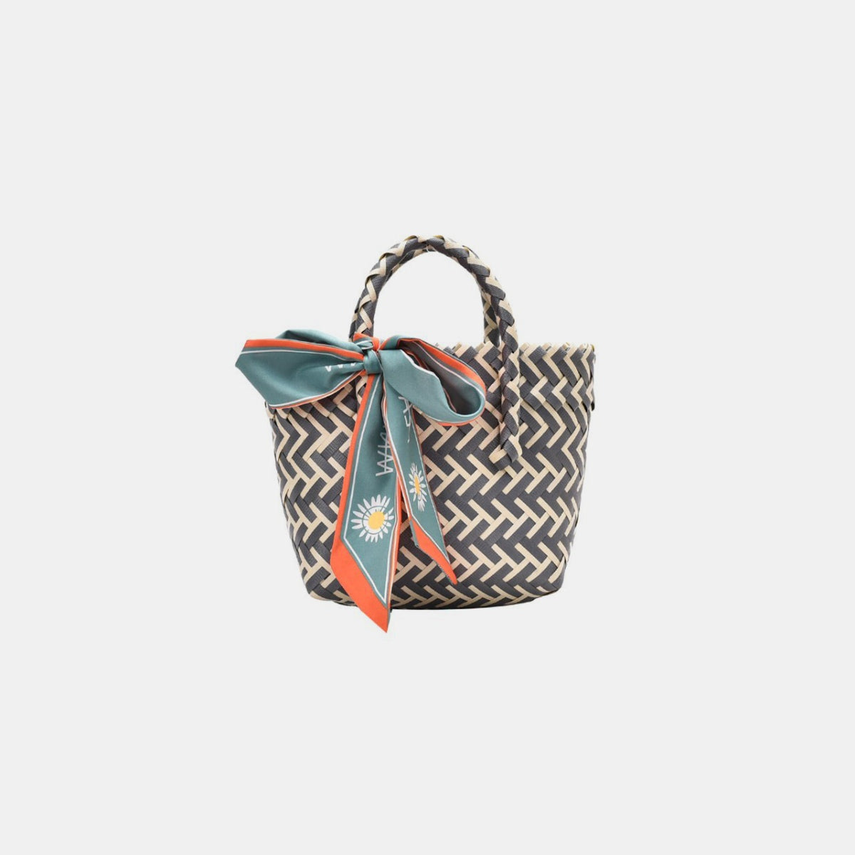 Contrast Woven Handbag with Ribbon  Trendsi Black One Size 