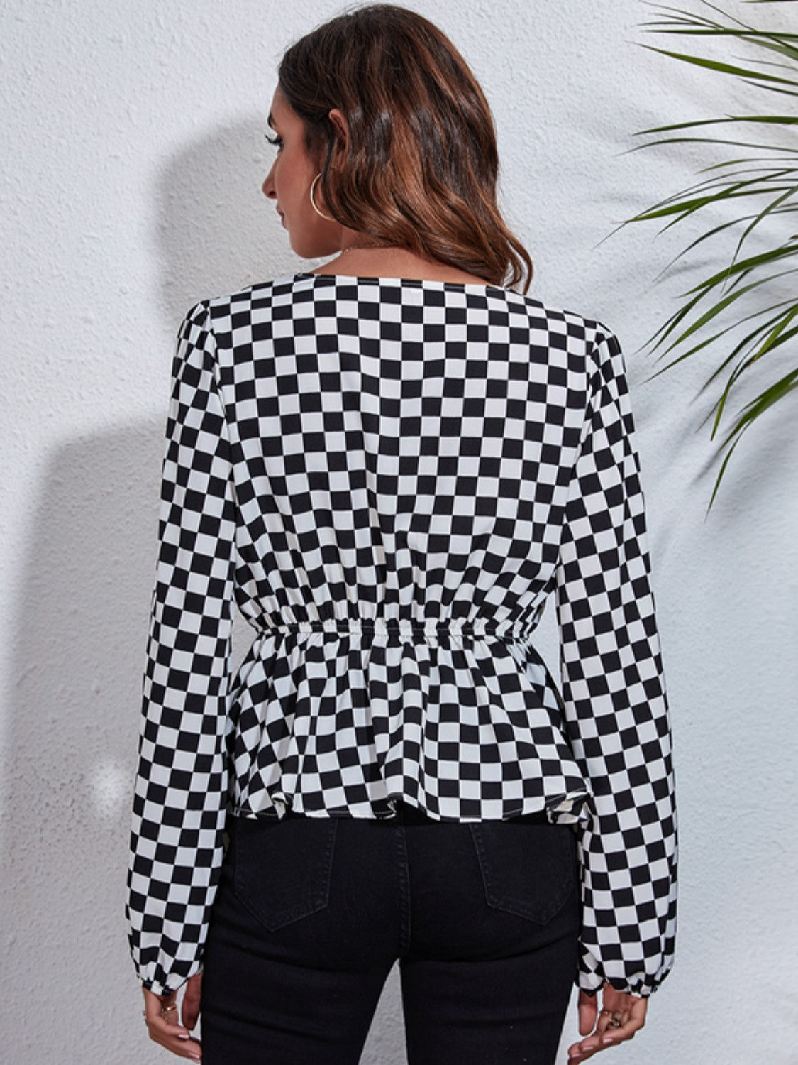 Checkered V-Neck Balloon Sleeve Peplum Blouse Blouse Trendsi   