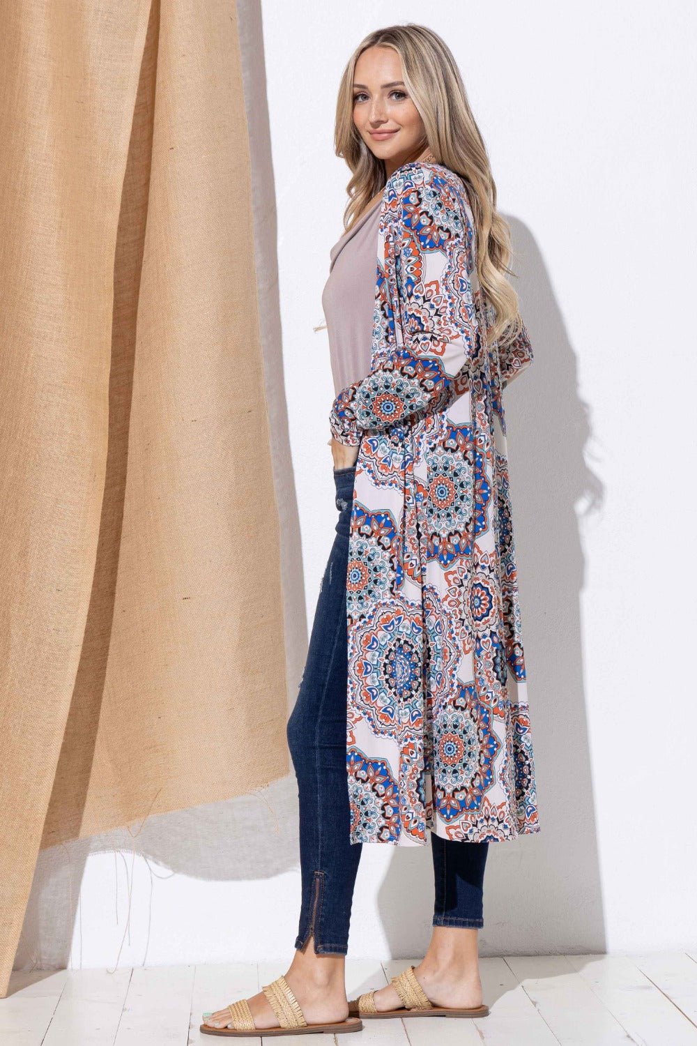 And The Why Printed Kimono Open Front Longline Cardigan  Trendsi   