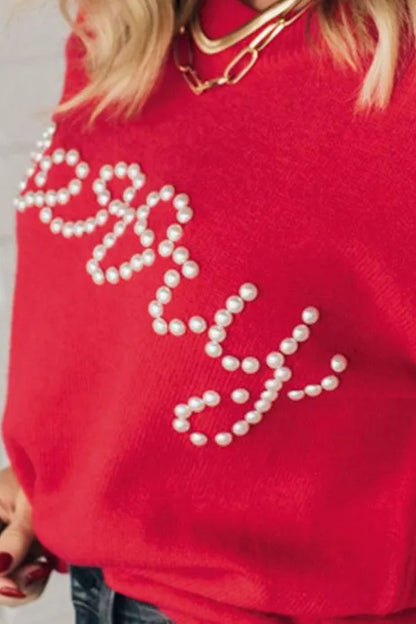 Letter Pearl Detail Round Neck Long Sleeve Sweater