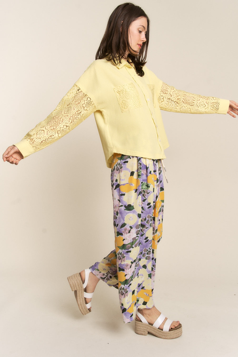 J.NNA Button Down Lace Long Sleeve Waffle Shirt  Trendsi   