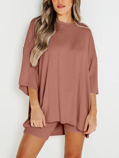 Full Size Round Neck Top and Skinny Shorts Set  Trendsi   