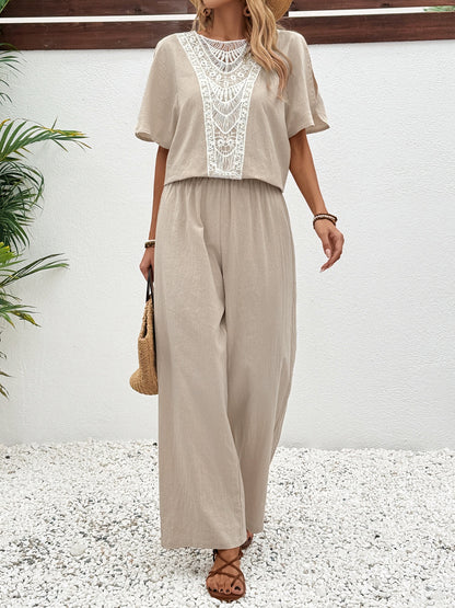 Honey Lace Detail Round Neck Top and Pants Set  Trendsi Khaki S 