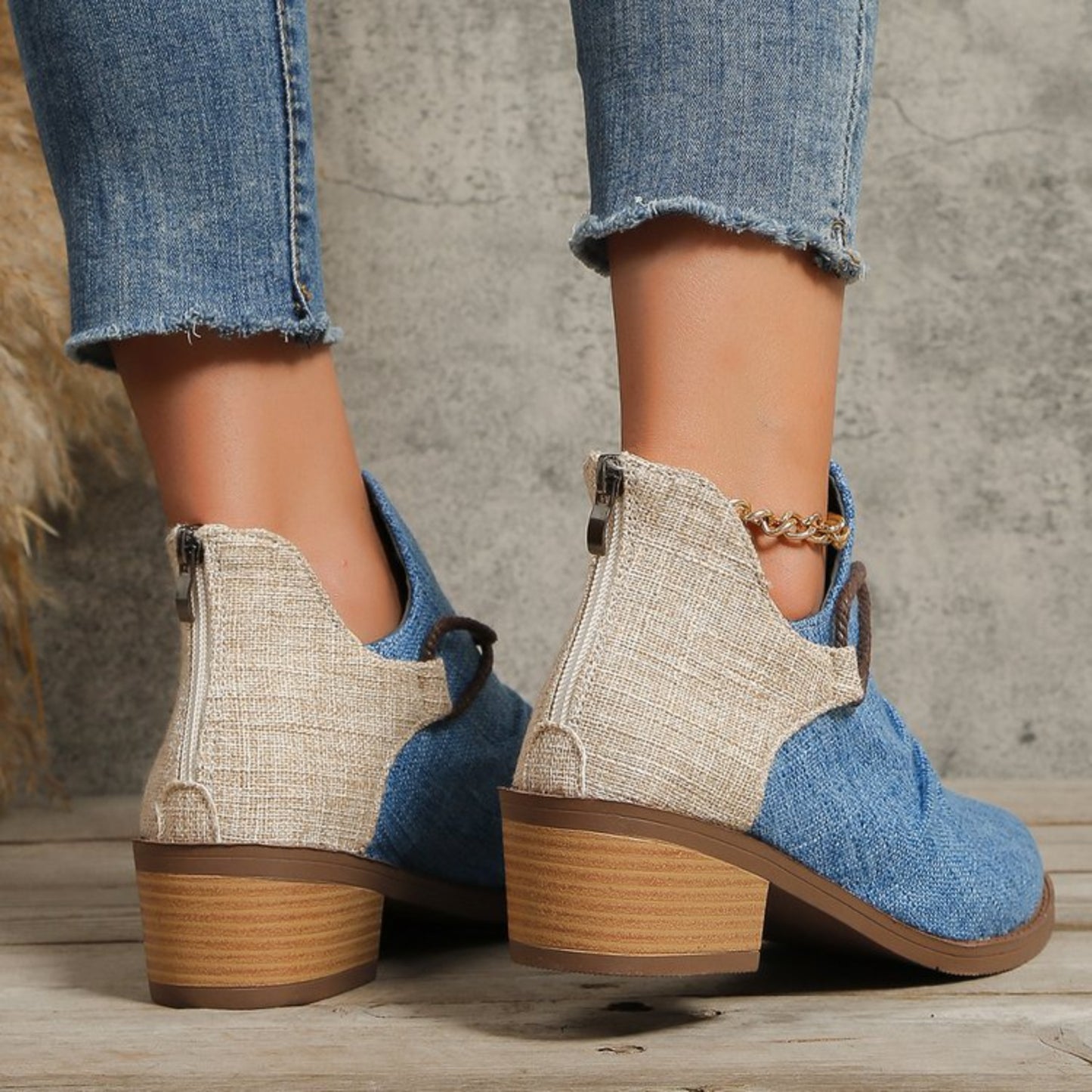 Contrast Canvas Low Heel Boots  Trendsi   