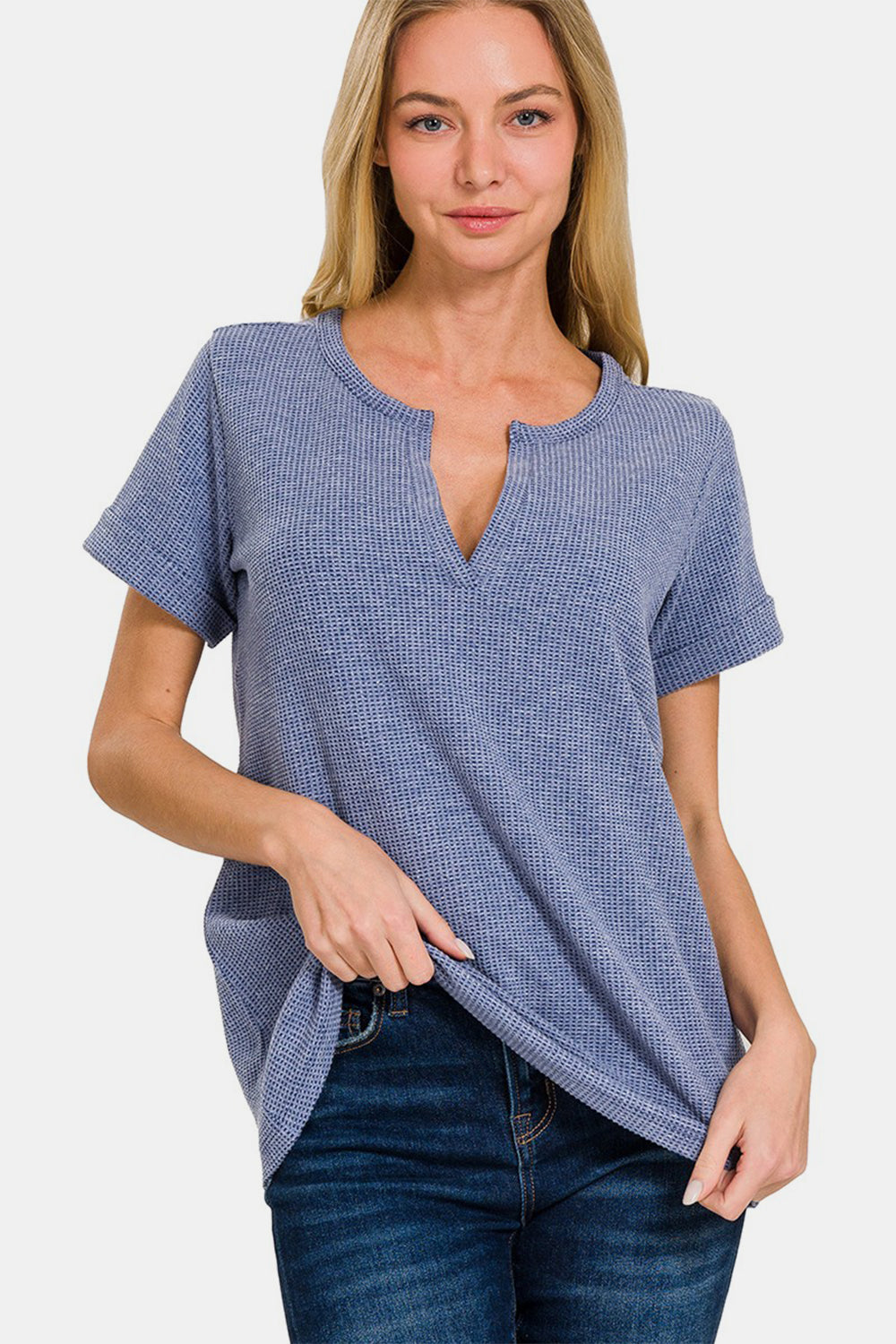 Zenana Notched Short Sleeve Waffle T-Shirt  Trendsi   