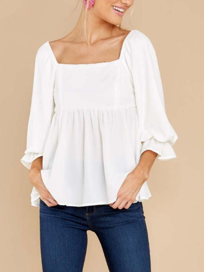 Smocked Square Neck Flounce Sleeve Blouse