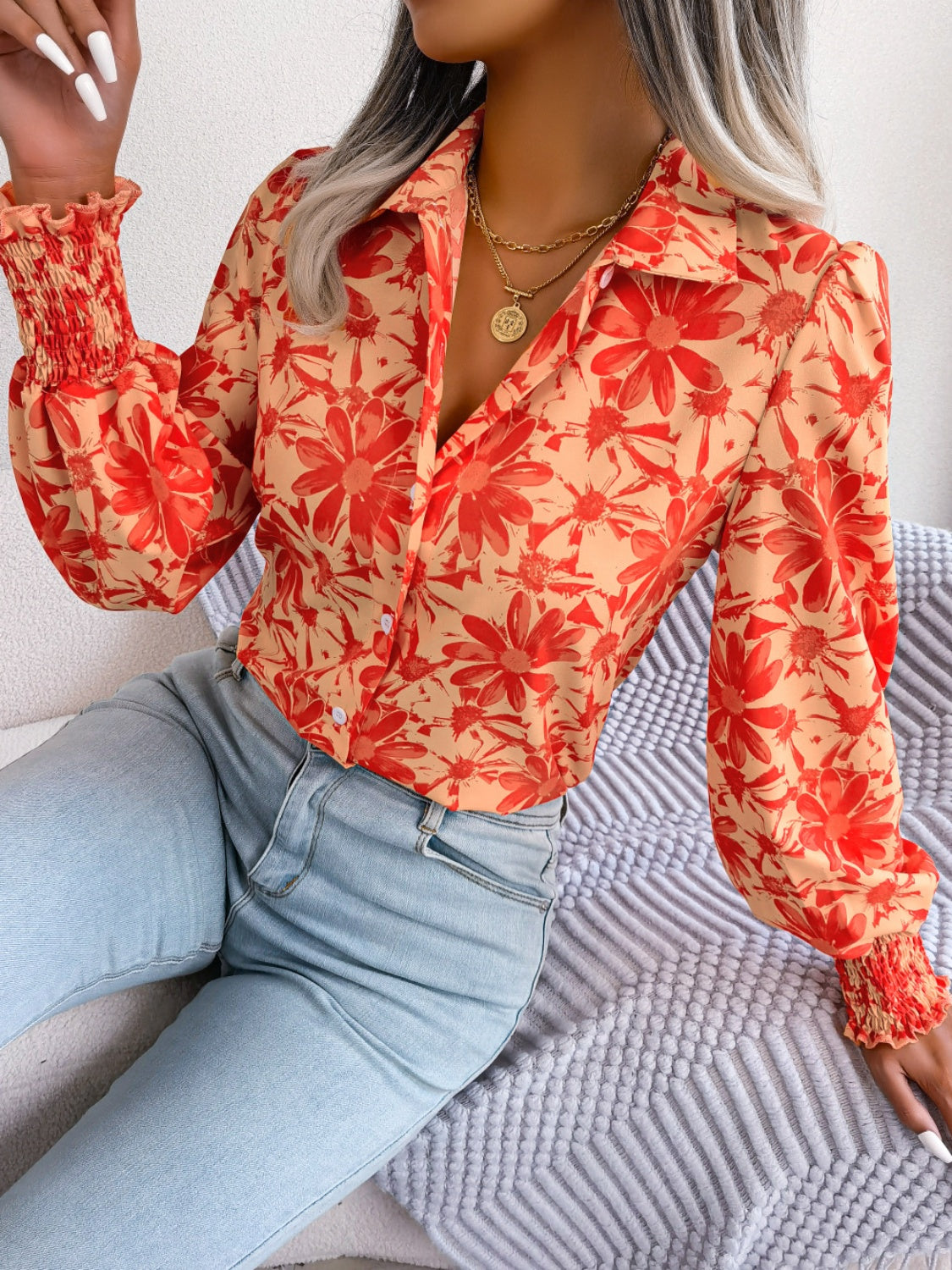 Floral Collared Neck Long Sleeve Shirt Blouse Trendsi   