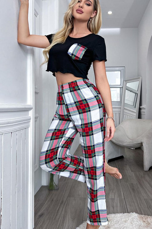 Lettuce Trim Cropped T-Shirt and Plaid Pants Lounge Set  Trendsi Plaid S 