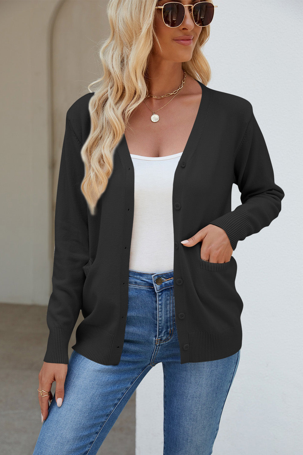 Pocketed V-Neck Button Up Long Sleeve Cardigan  Trendsi   