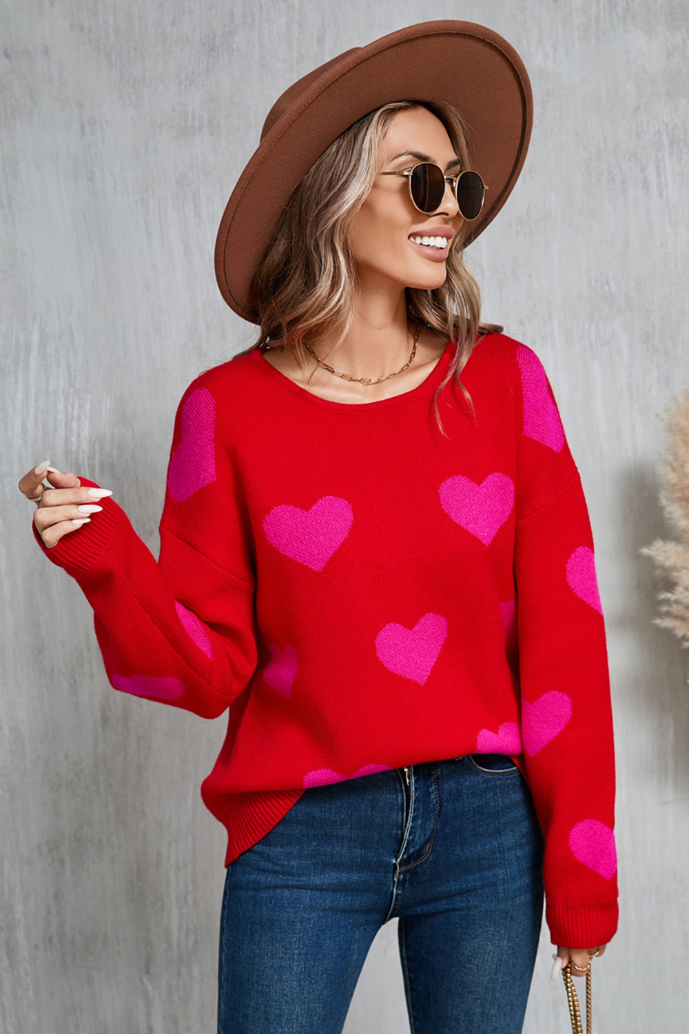 Angel Wings Heart Round Neck Dropped Shoulder Sweater  Trendsi   