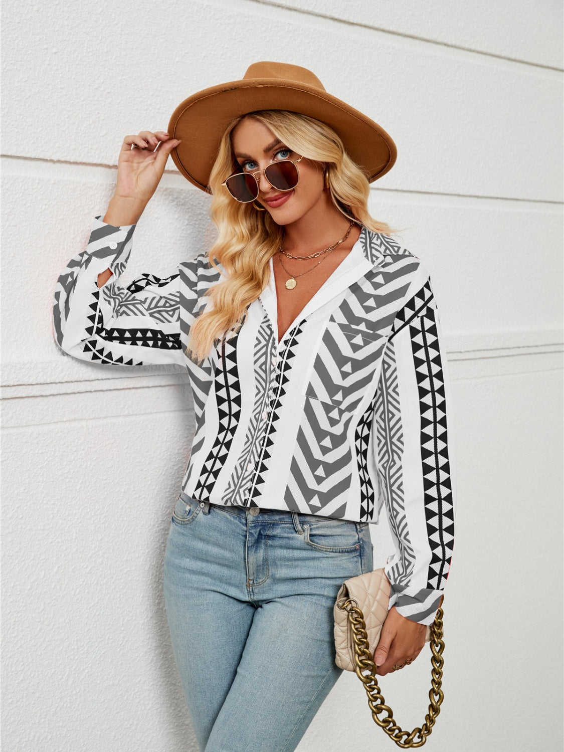 Geometric Collared Neck Long Sleeve Shirt  Trendsi   