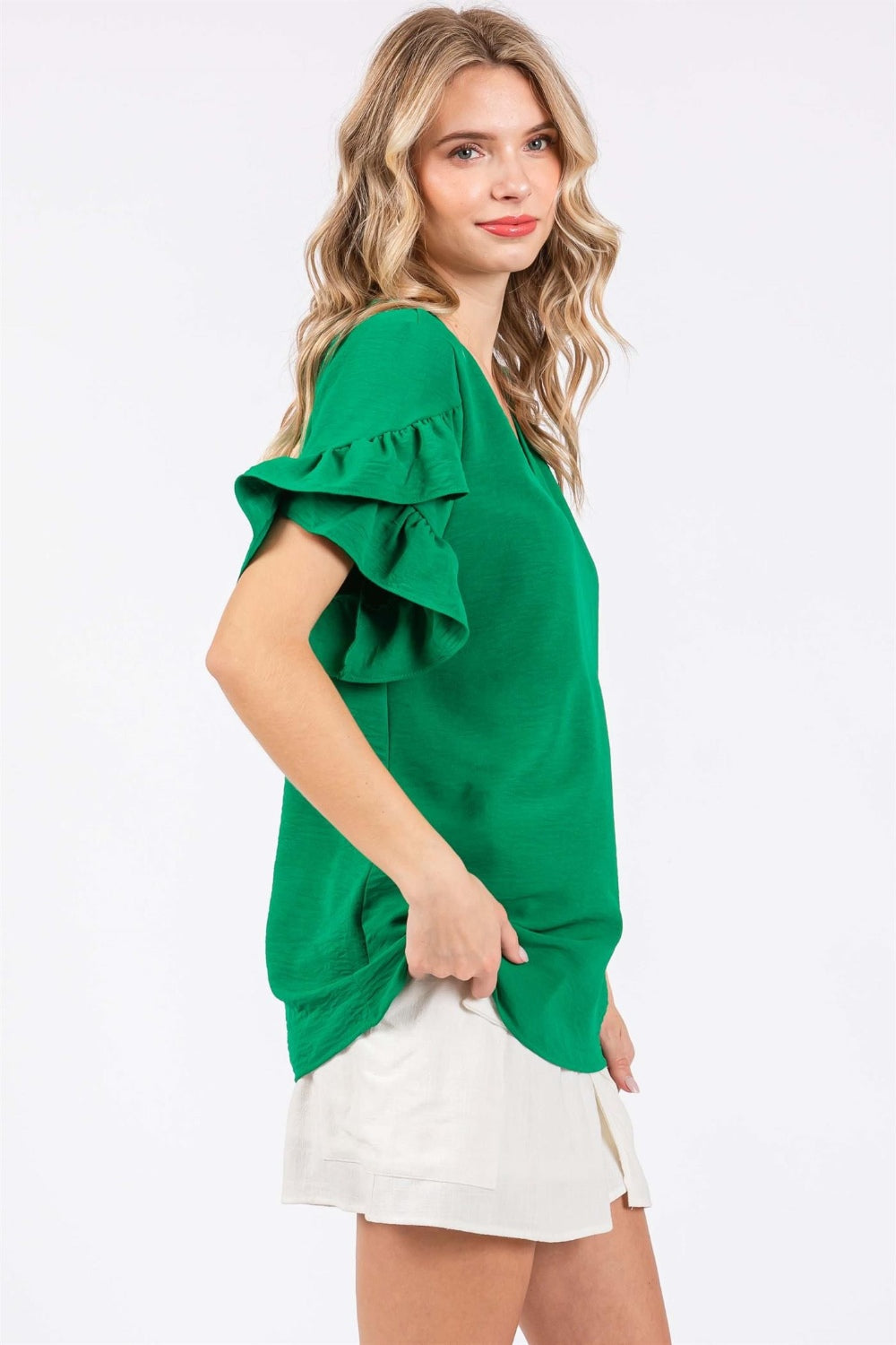 GeeGee Ruffled Short Sleeve V-Neck Blouse  Trendsi   