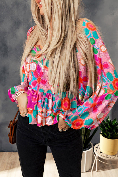 Floral Smocked Ruffled Balloon Sleeve Blouse Blouse Trendsi   