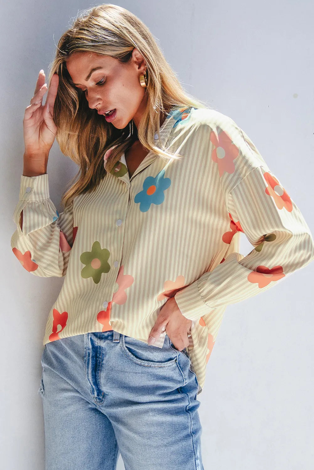 Striped Flower Button Up Long Sleeve Shirt Blouse Trendsi   