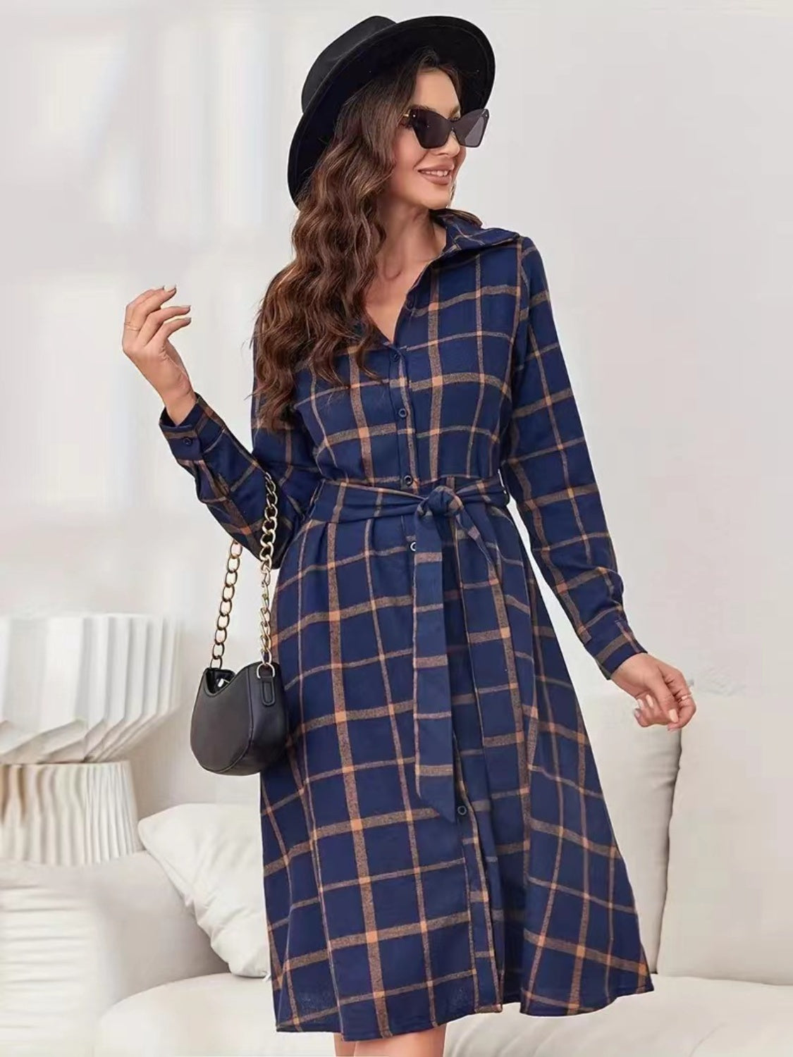 Plaid Tie Waist Long Sleeve Dress  Trendsi   