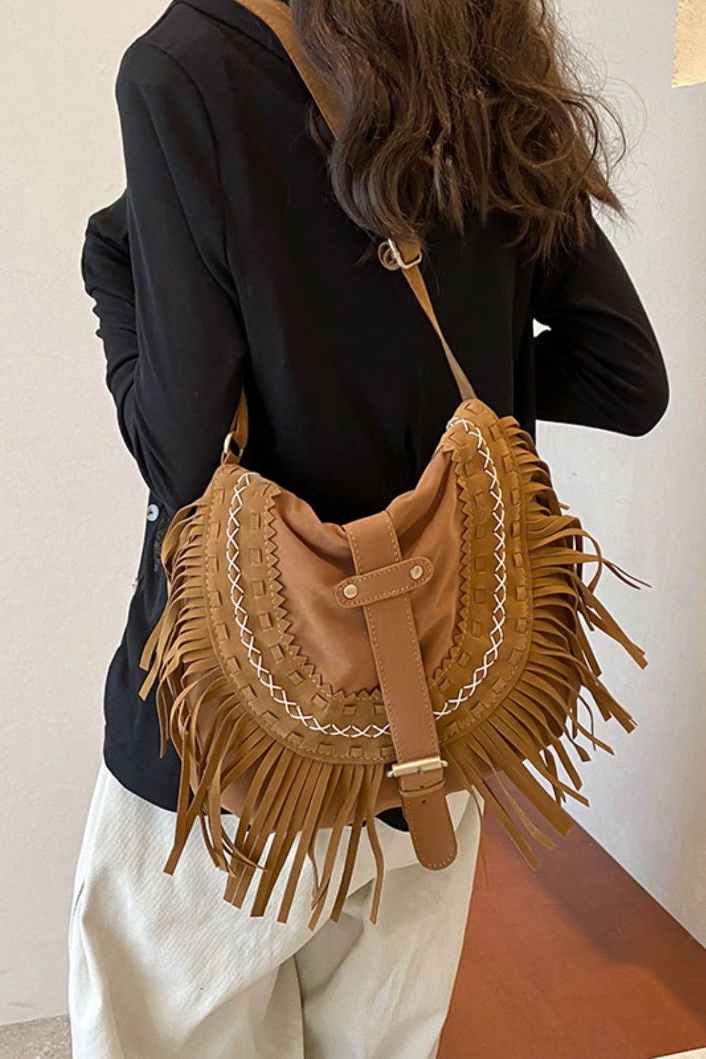 Suede Fringe Wide Strap Shoulder Bag  Trendsi   