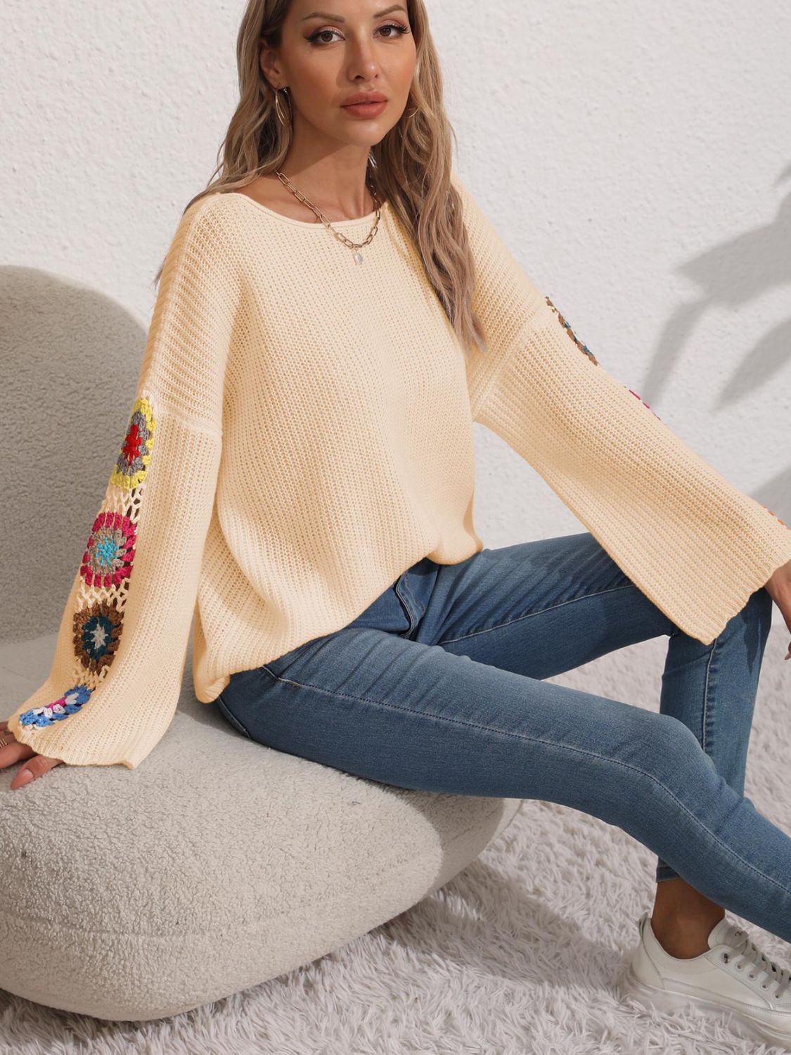 Crochet Flower Long Sleeve Sweater  Trendsi   