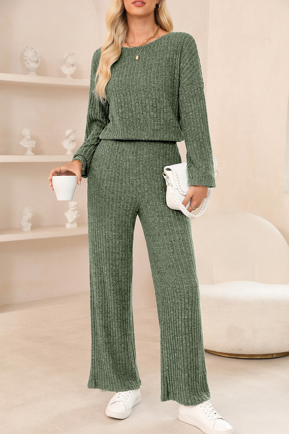 Round Neck Long Sleeve Jumpsuit  Trendsi Sage S 